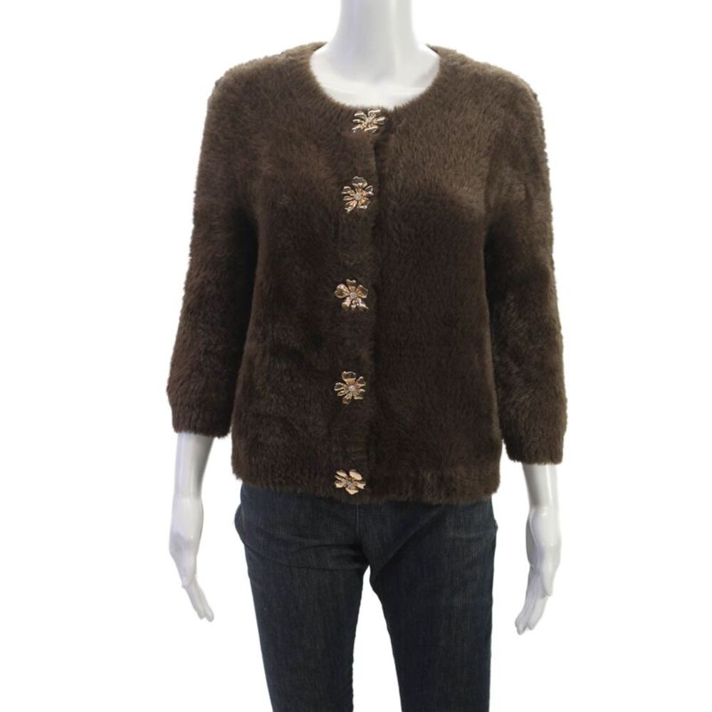 Zara Women Cardigan Sweater Brown Round Neck 3/4 Sleeve Polyamide Size S